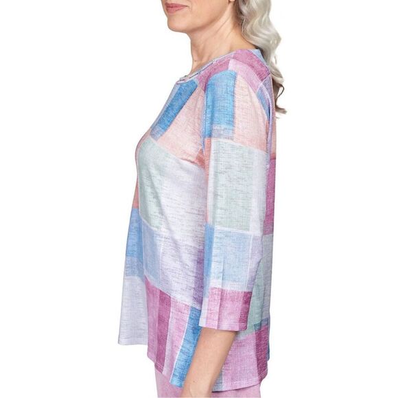 Alfred Dunner Women’s Petite Large Swiss Chalet Checkered Round Neck 3/4 Sleeve - Picture 6 of 7